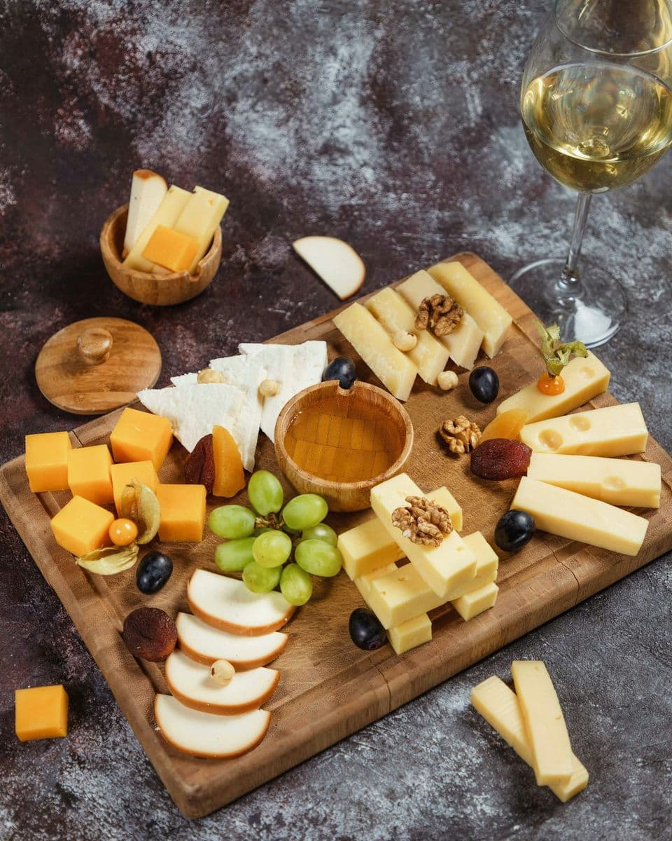 Cheese board with grapes, nuts and bread