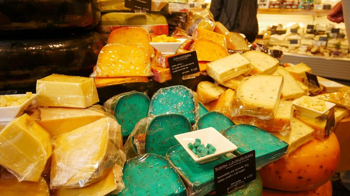 Cheese display with many different varieties
